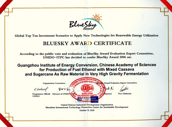 榮獲聯合國工業發展組織“藍天獎”，被評為“全球可再生能源領域最具投資價值的十大領先技術”